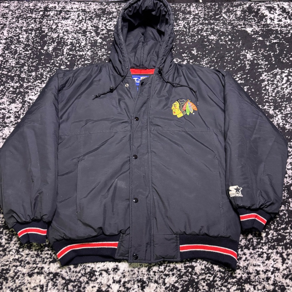 Vintage Chicago Blackhawks Starter Puffer Jacket Black NHL Men Medium Heavy Coat
